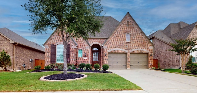 tudor house with driveway, a front yard, a garage, brick siding, and a shingled roof