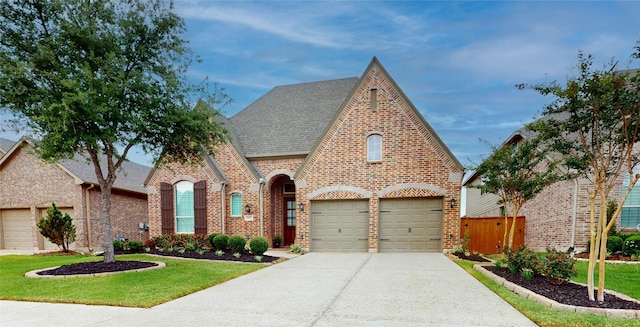 tudor house featuring a shingled roof, concrete driveway, a front lawn, and brick siding