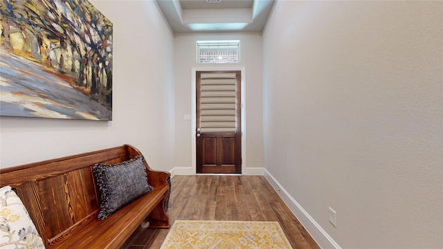 doorway featuring baseboards and wood finished floors