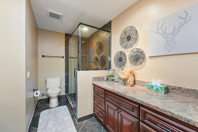 full bathroom featuring vanity, a stall shower, toilet, and visible vents