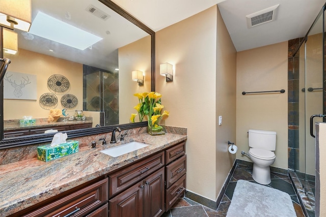 full bath featuring visible vents, a stall shower, a skylight, and toilet