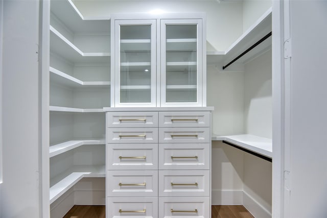 spacious closet with dark wood-style floors