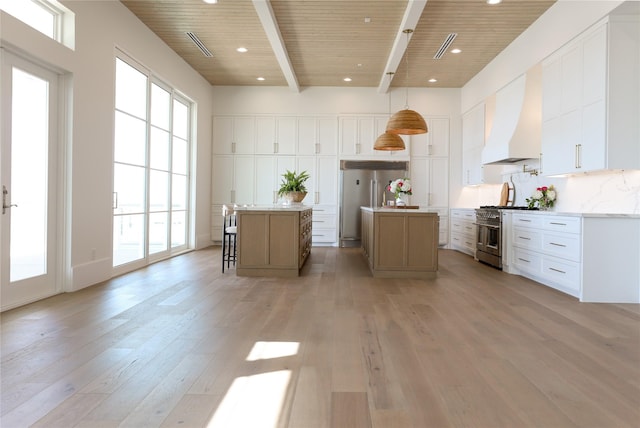 426 81st St, Galveston, TX 77554 - kitchen with beamed ceiling, wooden ceiling, premium appliances, custom range hood, and a center island