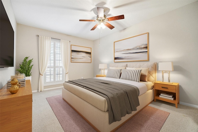 bedroom with carpet flooring, ceiling fan, and baseboards