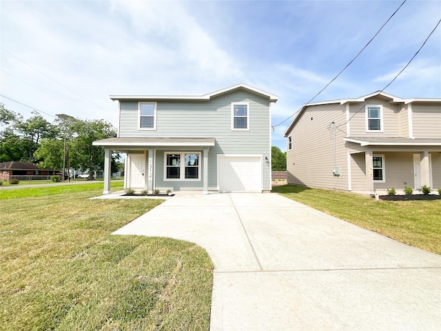 312 N Orange St, Sweeny, TX 77480 - view of front of house featuring a front lawn, driveway, an attached garage, and a porch