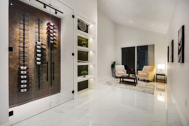 wine cellar with baseboards, marble finish floor, vaulted ceiling, and built in shelves