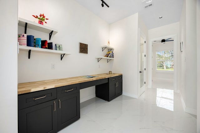 bathroom featuring baseboards, visible vents, ceiling fan, and marble finish floor
