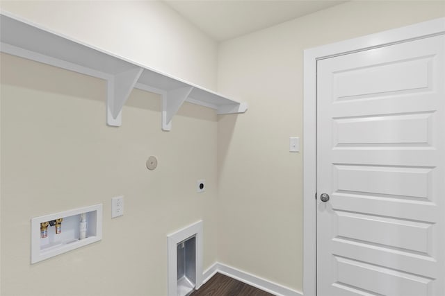 457 Shoreview Dr, Conroe, TX 77303 - washroom featuring electric dryer hookup, baseboards, hookup for a washing machine, dark wood-style flooring, and laundry area