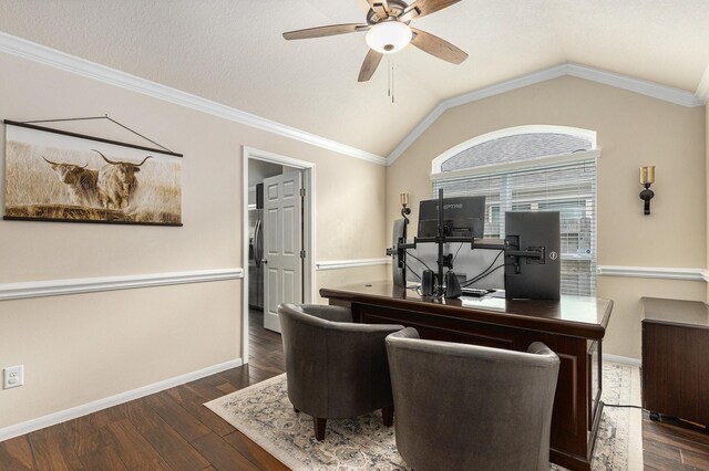 office space featuring baseboards, ceiling fan, wood finished floors, and lofted ceiling