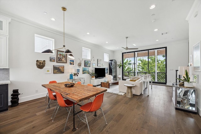 dining room with visible vents, dark wood-style floors, recessed lighting, ornamental molding, and a ceiling fan