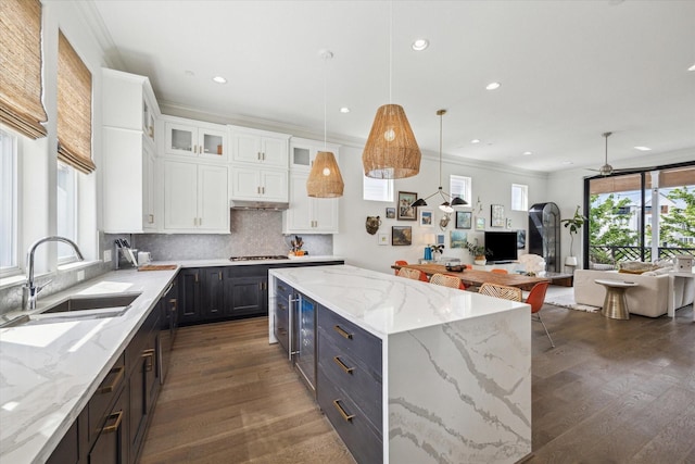 kitchen featuring open floor plan, white cabinetry, dark wood-style floors, and a sink