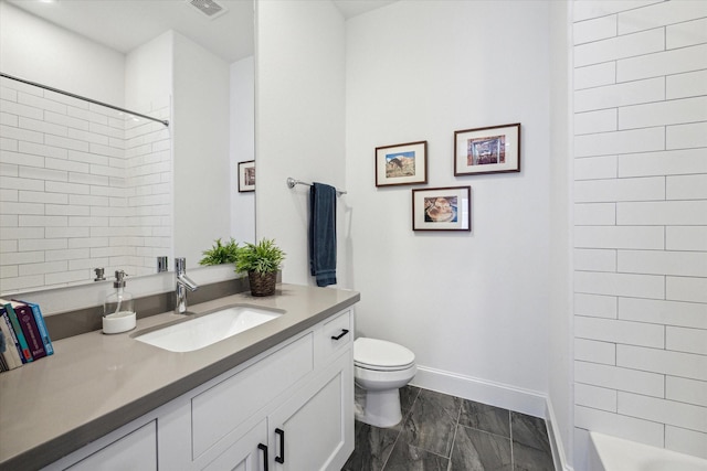 bathroom with visible vents, baseboards, toilet, vanity, and marble finish floor