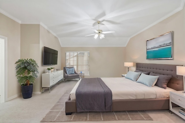 bedroom with lofted ceiling, light colored carpet, baseboards, a ceiling fan, and crown molding