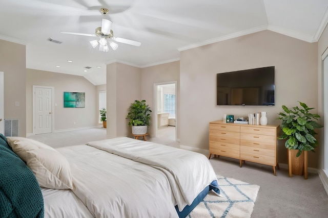 bedroom featuring visible vents, vaulted ceiling, and light carpet