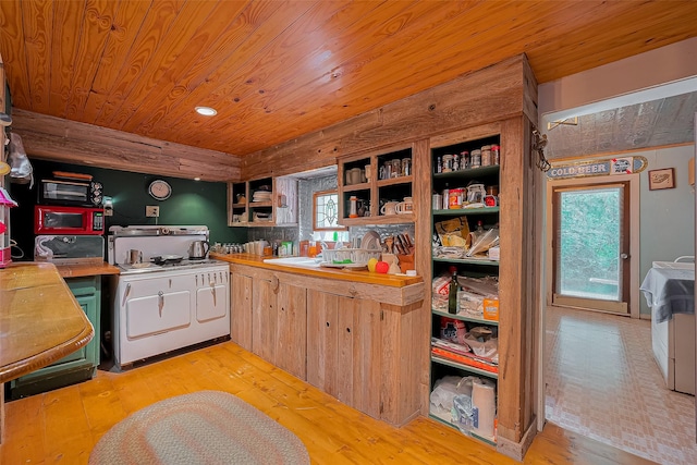 kitchen featuring wood ceiling, open shelves, stove, and light wood finished floors