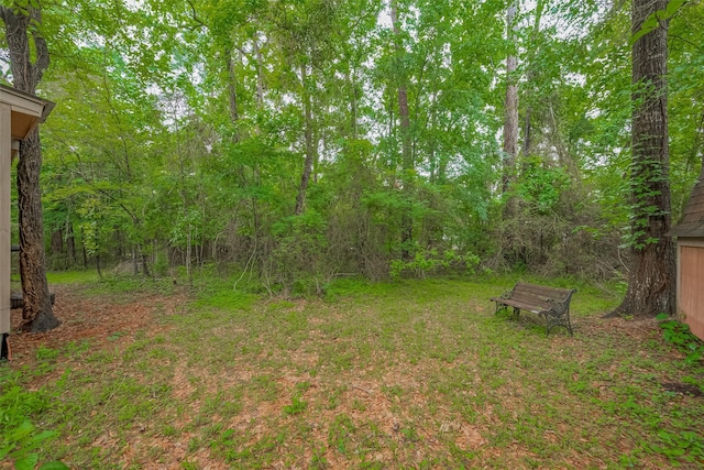 view of yard featuring a forest view