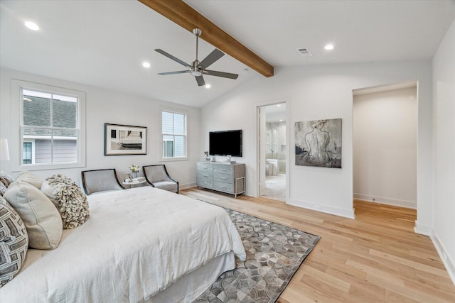 714 E 21st St, Houston, TX 77008 - bedroom with visible vents, light wood-type flooring, recessed lighting, and vaulted ceiling with beams