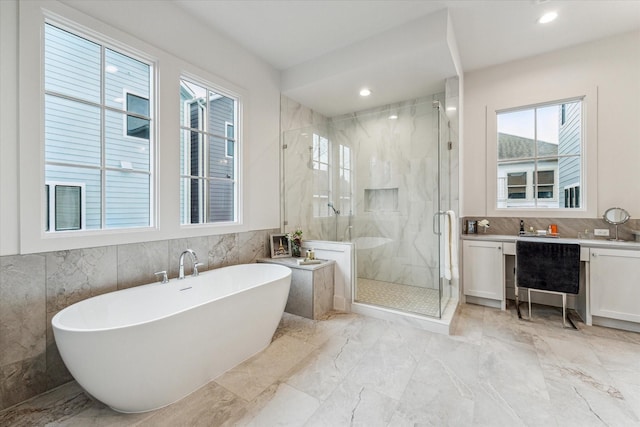 714 E 21st St, Houston, TX 77008 - full bath with a freestanding tub, vanity, marble finish floor, and a marble finish shower
