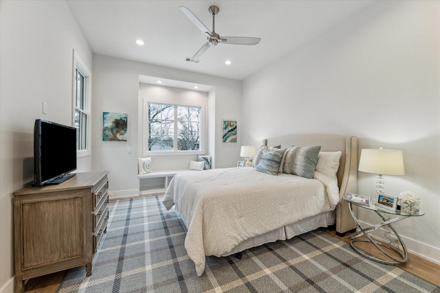 714 E 21st St, Houston, TX 77008 - bedroom with recessed lighting, ceiling fan, visible vents, baseboards, and dark wood finished floors