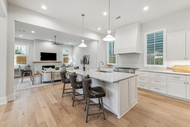 714 E 21st St, Houston, TX 77008 - kitchen featuring custom exhaust hood, decorative backsplash, light wood-style floors, a sink, and visible vents