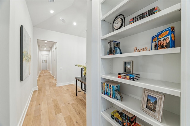 714 E 21st St, Houston, TX 77008 - corridor with baseboards, recessed lighting, wood finished floors, and attic access