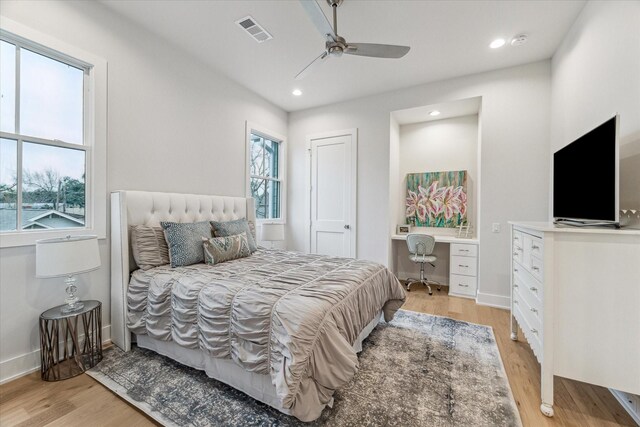 714 E 21st St, Houston, TX 77008 - bedroom featuring recessed lighting, ceiling fan, light wood finished floors, baseboards, and visible vents