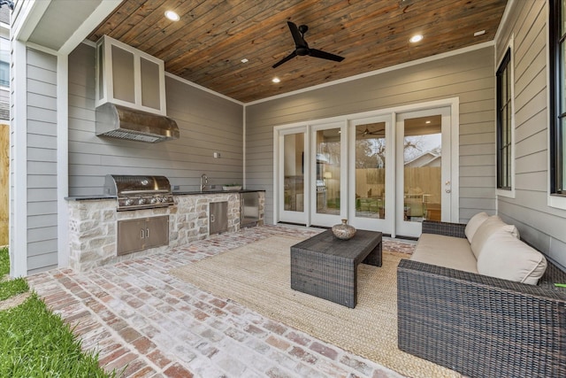 714 E 21st St, Houston, TX 77008 - view of patio / terrace with a ceiling fan, grilling area, an outdoor hangout area, an outdoor kitchen, and french doors