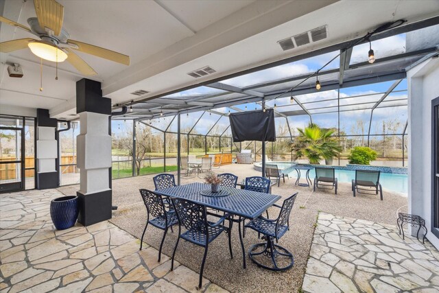 9108 Quail Ridge Dr, Manvel, TX 77578 - view of patio / terrace featuring visible vents, an outdoor pool, ceiling fan, and outdoor dining space