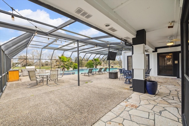 9108 Quail Ridge Dr, Manvel, TX 77578 - view of patio with outdoor dining space, an outdoor pool, glass enclosure, and visible vents