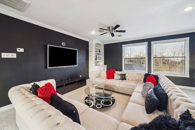 9108 Quail Ridge Dr, Manvel, TX 77578 - carpeted living area with recessed lighting, visible vents, ceiling fan, and baseboards