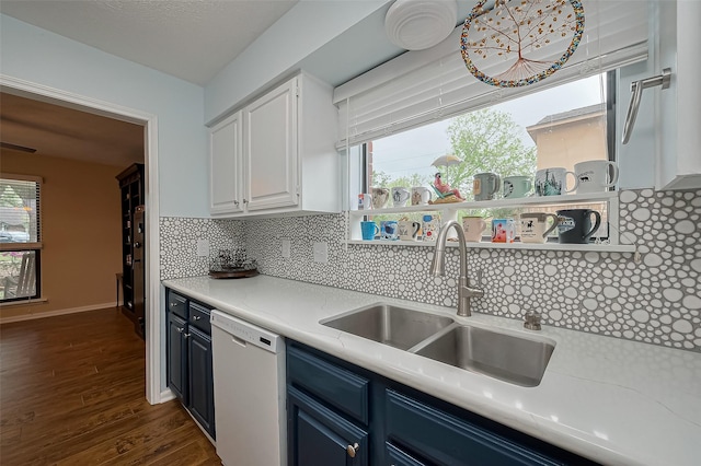 2307 Country Place Dr, Richmond, TX 77406 - kitchen with a sink, blue cabinets, dark wood-type flooring, dishwasher, and white cabinetry
