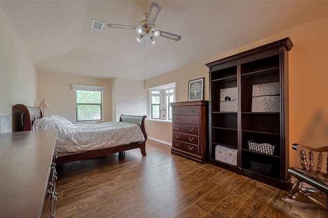 2307 Country Place Dr, Richmond, TX 77406 - bedroom with visible vents, vaulted ceiling, dark wood-style flooring, a ceiling fan, and baseboards