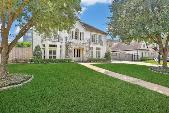 view of front of home featuring fence, stone siding, a front lawn, and a balcony