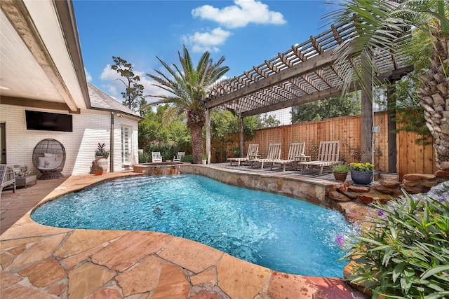 view of swimming pool featuring a patio, a fenced backyard, a pool with connected hot tub, and a pergola