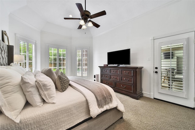 carpeted bedroom with crown molding, access to outside, baseboards, and ceiling fan
