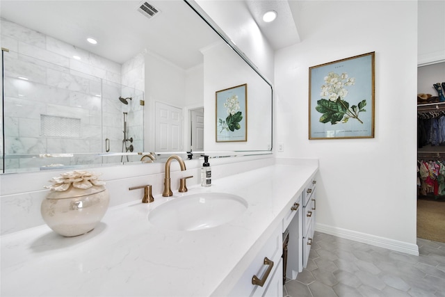 bathroom featuring visible vents, a stall shower, vanity, a spacious closet, and recessed lighting