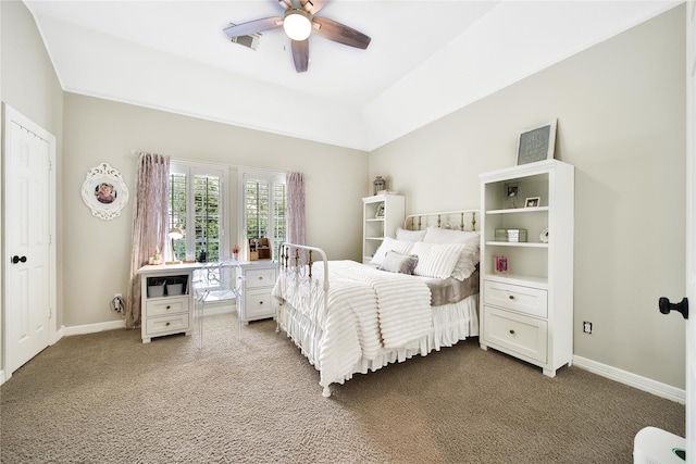 bedroom featuring baseboards, carpet, a ceiling fan, and visible vents