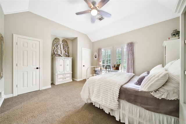 bedroom with visible vents, lofted ceiling, baseboards, access to outside, and carpet flooring