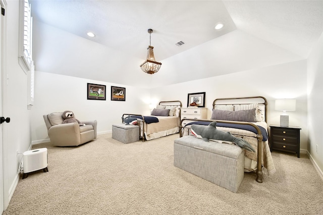 carpeted bedroom featuring visible vents, recessed lighting, baseboards, and lofted ceiling