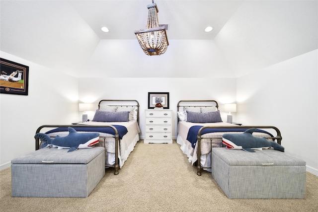 bedroom featuring carpet floors, recessed lighting, a chandelier, and lofted ceiling