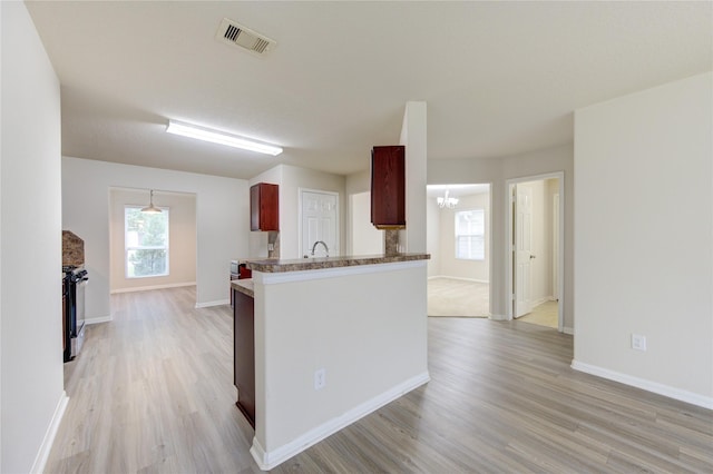 kitchen featuring light wood-type flooring, baseboards, visible vents, and reddish brown cabinets