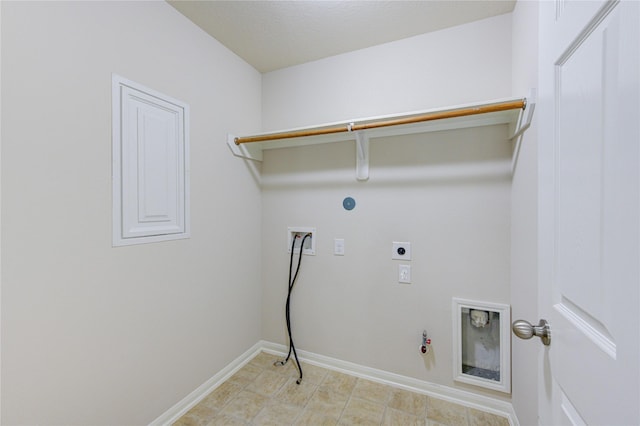 laundry area featuring baseboards, washer hookup, hookup for a gas dryer, hookup for an electric dryer, and laundry area