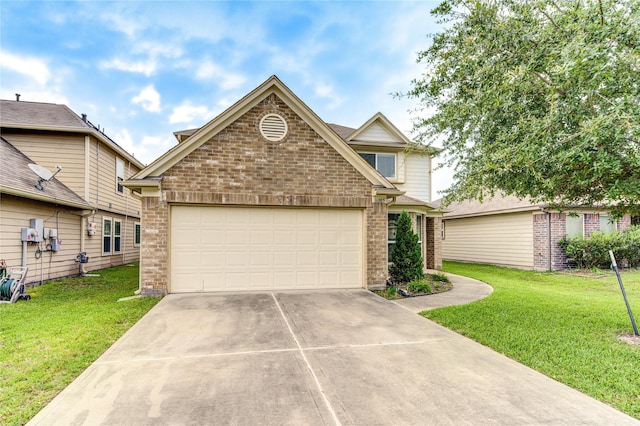 view of front of house featuring an attached garage, brick siding, driveway, and a front yard