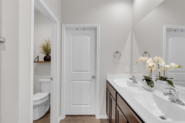 bathroom featuring a sink, double vanity, toilet, and wood finished floors