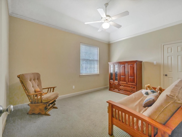 bedroom with crown molding, light carpet, and baseboards
