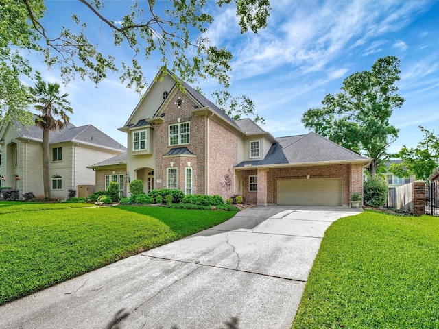 traditional-style home featuring brick siding, fence, a garage, a front yard, and concrete driveway