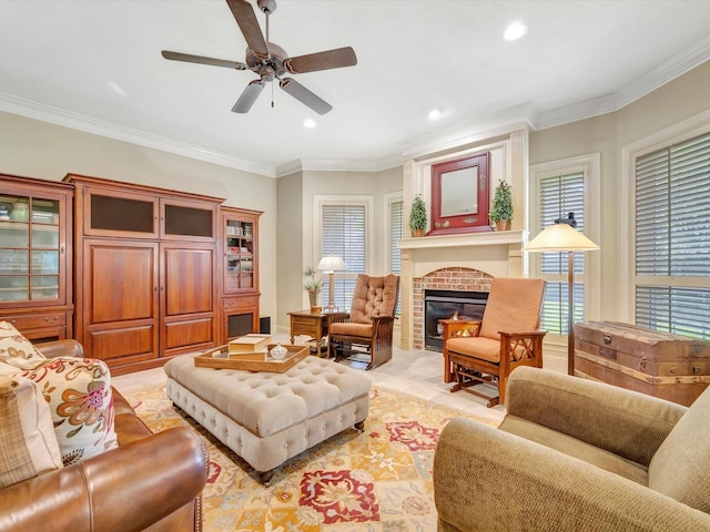 living room featuring recessed lighting, light tile patterned floors, ceiling fan, a fireplace, and crown molding