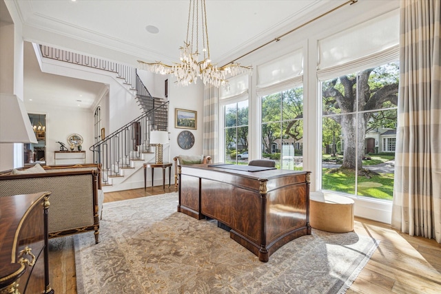 office area featuring wood finished floors, a wealth of natural light, and crown molding