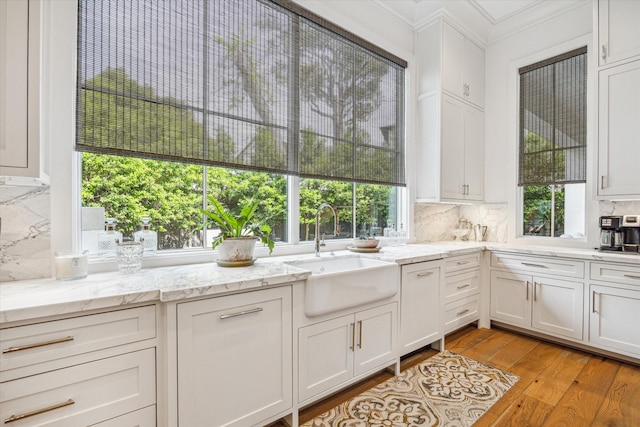 kitchen featuring tasteful backsplash, a healthy amount of sunlight, white cabinets, and a sink