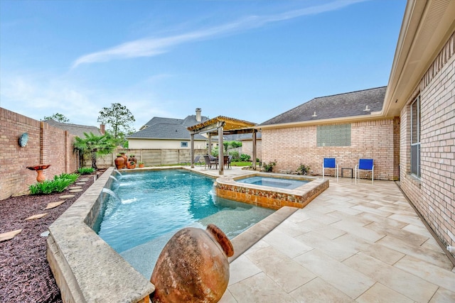 view of swimming pool with a patio, a pool with connected hot tub, a fenced backyard, and a pergola